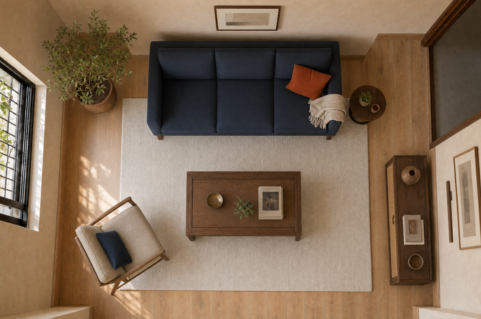 6 × 9 ft rug placed in a Standard living room · 3BHK