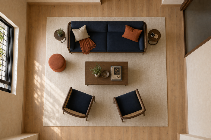 8 × 10 ft rug placed in a Large living room · All legs on