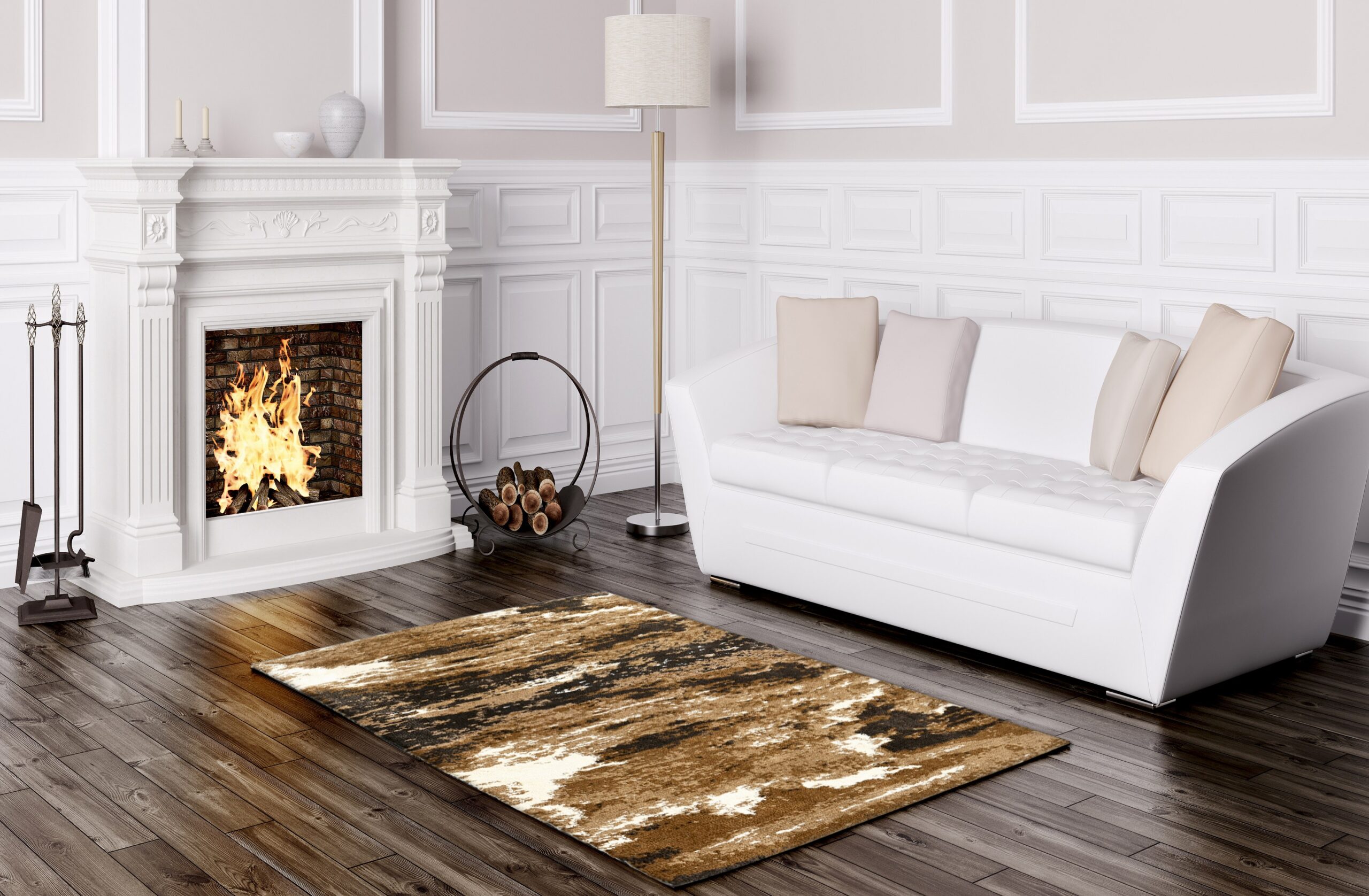 Classic interior design of living room with white sofa and fireplace 3d render